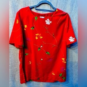 Vintage Maren Blouse Top Vibrant Flowers on a Red Background Size Med - Hey Viv